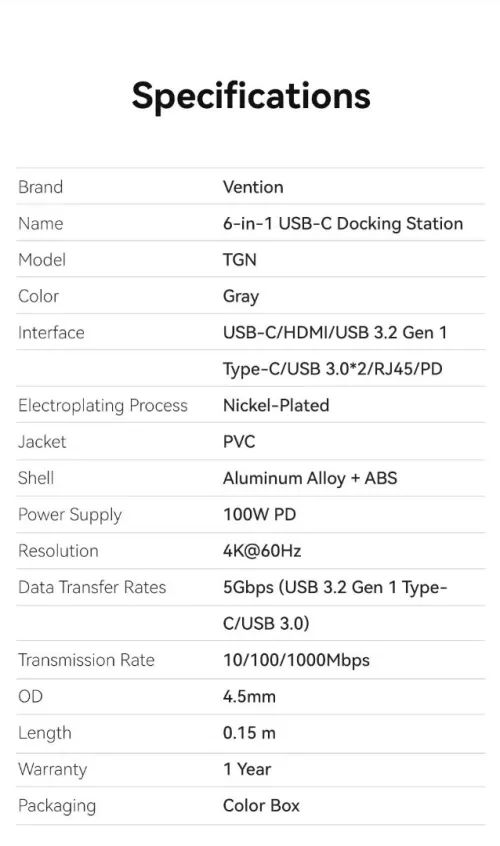 Vention Station d'accueil USB-C 6en1