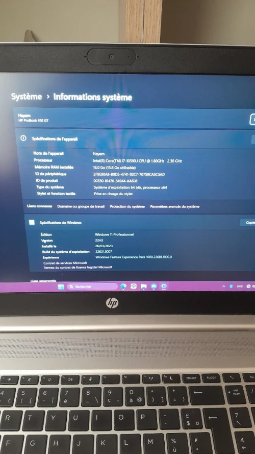 Hp probook i7 10eme 16gb 500gb ssd 1to hdd