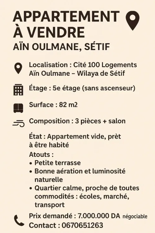 Vente Appartement F3 Sétif Ain oulmene
