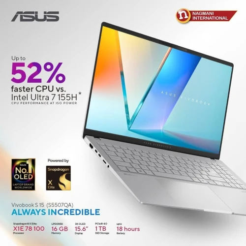 ASUS VIVOBOOK S15/Snapdragon X Plus/16GB DDR5/512GB SSD/Qualcomm Adreno 4GB/3K OLED 120HZ