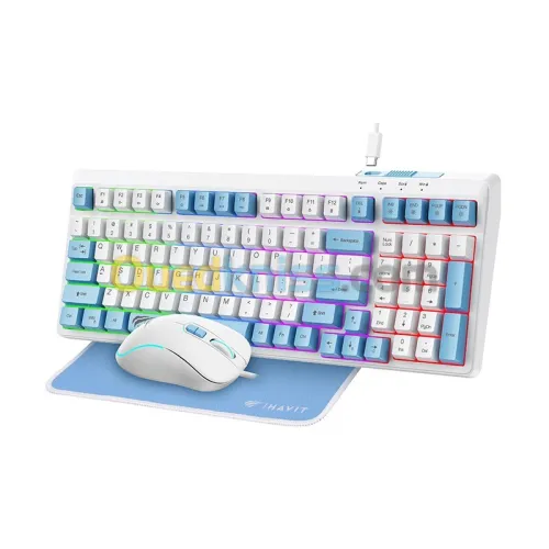 HAVIT GAMENOTE KB897CM - CLAVIER MÉCANIQUE + SOURIS + TAPIS - RÉTROÉCLAIRAGE - RED SWITCH - WHITE