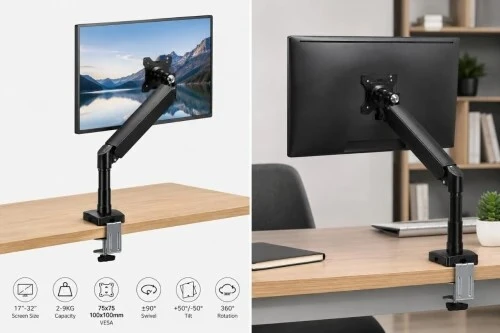 SUPPORT ECRAN SINGLE MONITOR WALL MOUNT - ARMS BRAKET - BRAS ARTICULÉS - VESA 75x75 / 100x100 - JUSQU'À 27" - BLACK