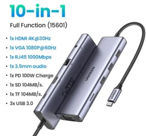 UGREEN CM498 - HUB USB-C 10 EN 1 - 3X USB 3.0 - HDMI - VGA - RJ45 - SD/TF - AUX 3.5MM - PD 100W - ORIGINALE