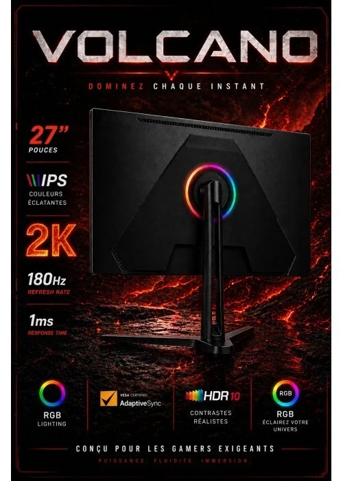 VULPES VOLCANO - ÉCRAN GAMING 27" - 2K QHD - DALLE IPS - 180HZ - 1MS - RGB - PC & CONSOLE - BLACK