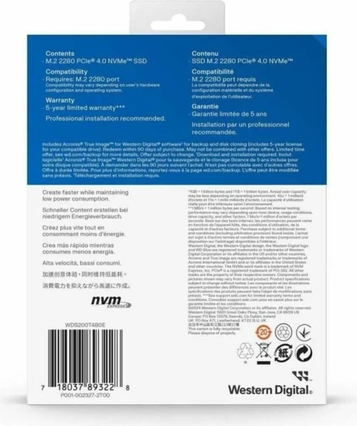 WD BLUE SN5000 2TO - SSD INTERNE NVME M.2 2280 - PCIE 4.0 - HAUTE VITESSE - STOCKAGE RAPIDE - BLUE