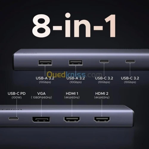 UGREEN REVODOK 8 IN 1 USB-C HUB - 4K 60 Hz - 2X USB-C PD - 2X HDMI - DP 10G BPS - USB C&A - TYPE C
