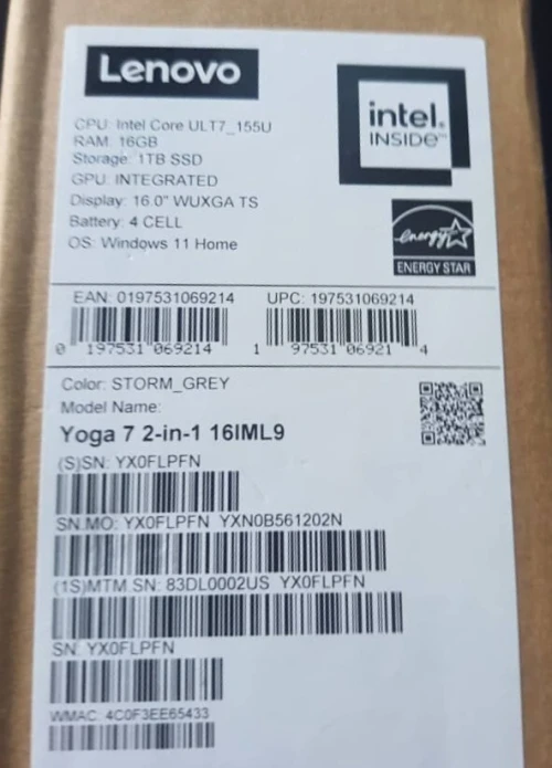 LENOVO YOGA 7 2-IN-1 16IML9 - CORE ULTRA 7 155U - 16GB - 1TB SSD - 16" TACTILE WUXGA X360 - WIN 11