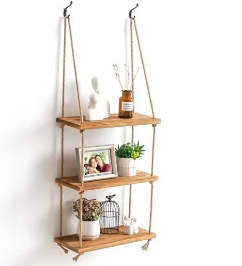 رف جداري خشبي بالحبال حسب الطلب. Étagère murale en corde de bois naturel sur mesure 