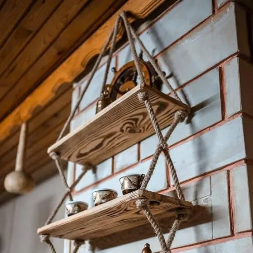 رف جداري خشبي بالحبال حسب الطلب. Étagère murale en corde de bois naturel sur mesure 