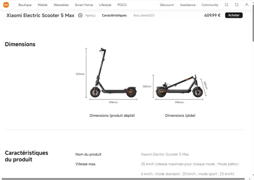 Trottinette scouter XIAOMI ELECTRIC SCOOTER 5 MAX Pliable