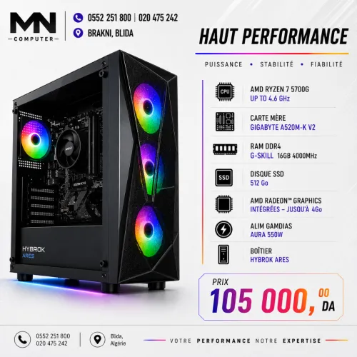 config AMD RYZEN 7- 5700G / DDR4 16Go /  512 Go / GIGABAYTE A520M-K V2 / GAMADIAS AURA 550W / HYBROK ARES