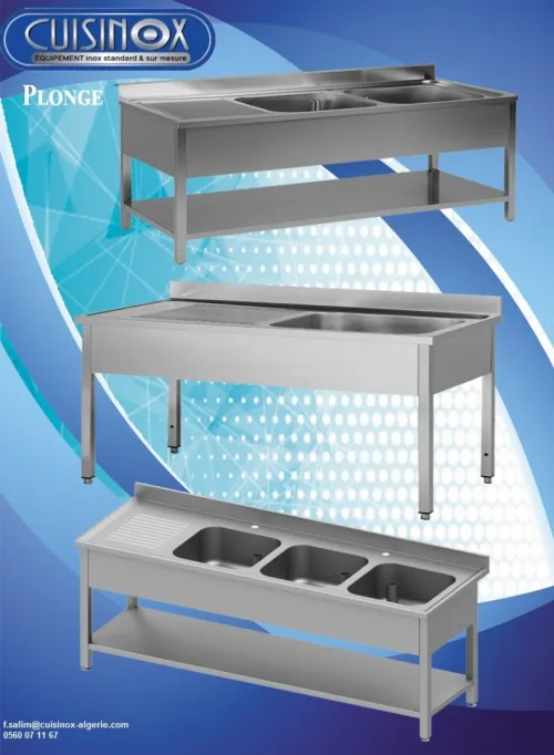 RAYONNAGE EN INOX TABLE DE TRAVAIL EN INOX PLONGE EN INOX CHARIOT EN INOX 