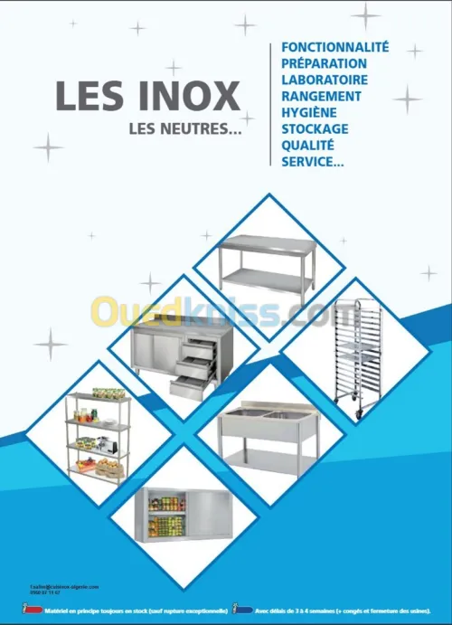 RAYONNAGE EN INOX TABLE DE TRAVAIL EN INOX PLONGE EN INOX CHARIOT EN INOX 