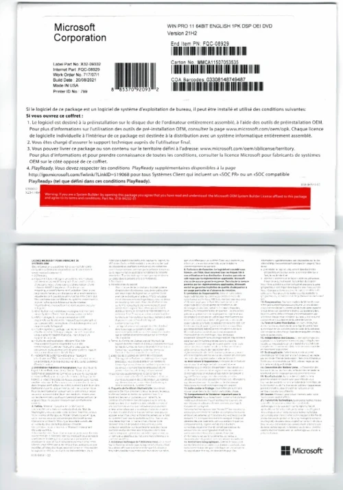 Licence windows 11 PRO Coffret (made in USA) [64bit English 1PK DSP OEI DVD Version 21h2]