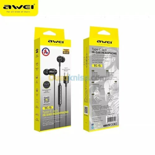 Ecouteur  Type-C USB-C AWEI TC-5 avec microphone et boutons de commande 1.2m pour smartphone