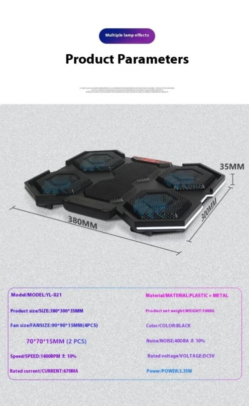 Refroidisseur laptop Gaming YL-021  [6 ventilo/vitesse reglable/ RGB/ 2USB]