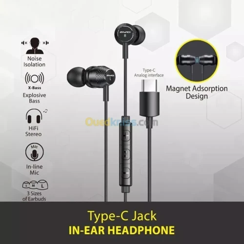 Ecouteur  Type-C USB-C AWEI TC-5 avec microphone et boutons de commande 1.2m pour smartphone