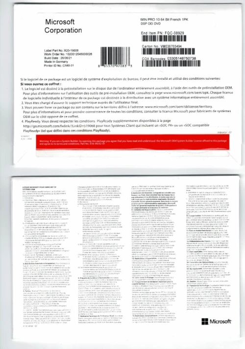 Licence windows 10 PRO Coffret (made in Germany) [64bit French 1PK DSP OEI DVD]