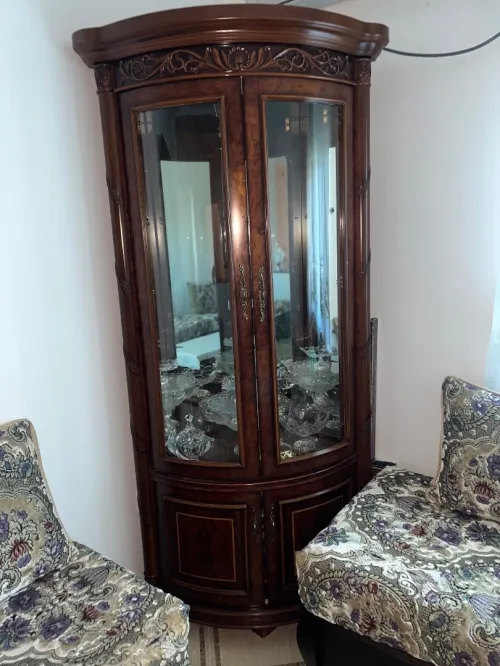À vendre : Bibliothèque vitrée et coin salon classique en excellent état