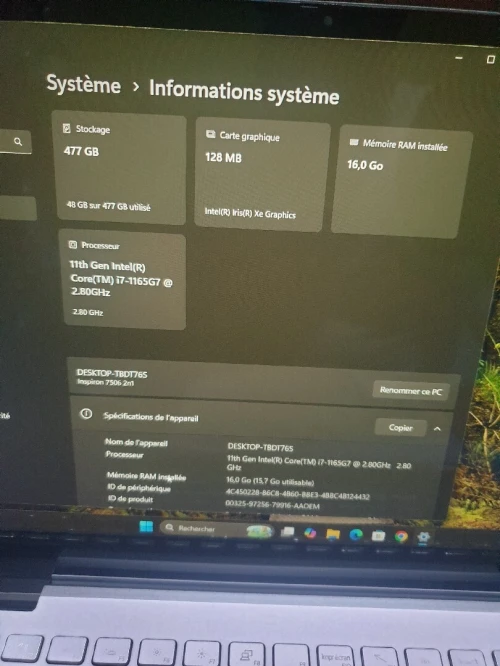 Dell inspiron 7506 2 in 1 i7 11ème génération 16g la ram 500g ssd nvme écran tactile Clavier lumineux