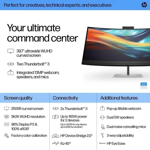 ECRAN HP 40 POUCES SERIE 7 PRO 21:9 CURVED 2500R 5K/WUHD/IPS 60HZ/5MS 3 HDMI/DP/TYPE-C 100WH ADJUSTABLE/ROTATION/BLUE EYES FILTRE/WEBCAM 4K 13MP/SPEAKER/RJ-45