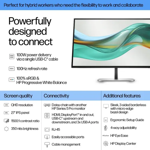 ECRAN HP 27 POUCES 527PU 2K/WLED/IPS 100HZ/5MS 1 HDMI/DP/3 XTYPE-A/RJ-45/USB-C 100W ROTATION/ADJUSTABLE/PIVOT/HAUTEUR/BLUE EYES FILTRE
