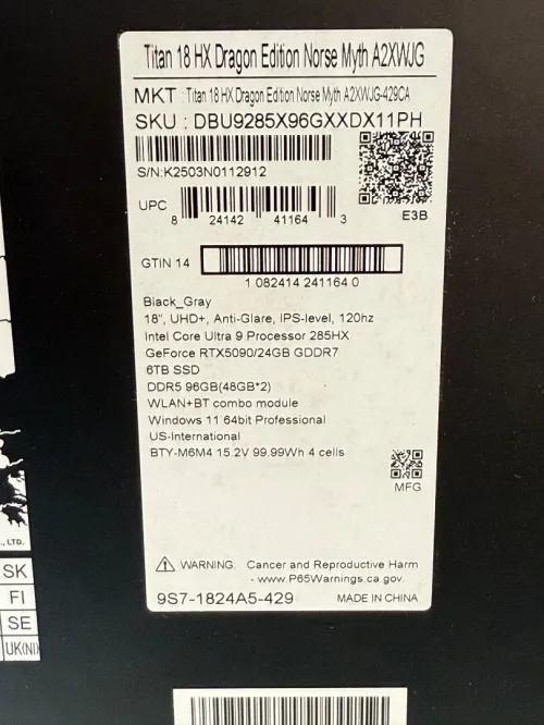 MSI TITAN 18 HX DRAGON ÉDITION ULTRA 9 285Hx 96Go 6To SSD NVIDIA GeForce RTX5090 24Go GDDR7 4K Neuf 