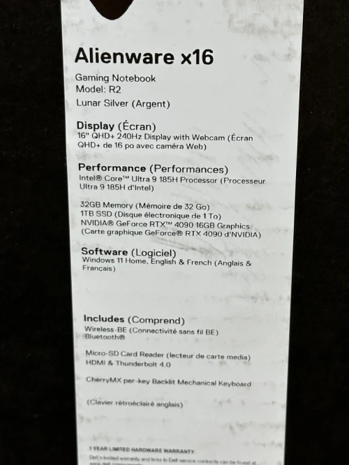 ALIENWARE X16 R2 INTEL ULTRA 9 185H 32GO 1TO SSD NVIDIA GEFORCE RTX4090 16GO 240Hz NEUF SOUS EMBALLA