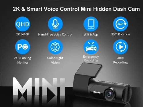 KAWA Dash Cam Pour Voiture DVR D6 1440P 2K Caméra De tableau De bord enregistreur vidéo commande vocale 24H Parking WiFi APP moniteur WDR Dashcam