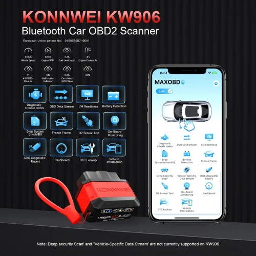 Nouveau : Scanner OBD2 Bluetooth KONNWEI KW906 ELM327 pour voiture, compatible Android et iOS.