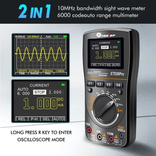 TOOLTOP ET828Pro 50Msp/s 10MHz Oscilloscope numérique portable True RMS pour bricolage électrique voiture révision Oscilloscope multimètre