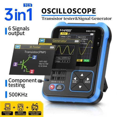 FNIRSI DSO-TC3 3-en-1 Oscilloscope Numérique Portable 500KHz 10MS/s Générateur de Signaux Testeur de Transistors