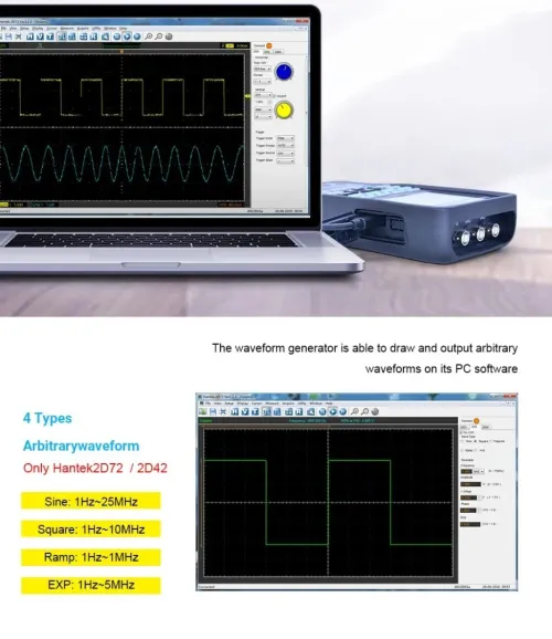 Hantek 2C72 2in1 Oscilloscope numérique + Générateur formes donde + Multimetre Portable USB2 Canaux 70MHz Ecran LCD Outil Avec batterie lithium  Grande Capacite AUTO A une touche - 2D72