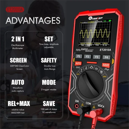 TOOLTOP ET2010A-Multimètre d'oscilloscope numérique portable, outil de test électrique multifonctionnel, 2 en 1, 2.5Msps, 1MHz