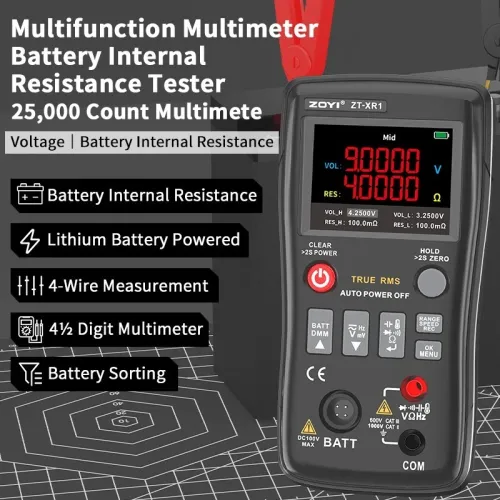 ZOYI ZT-XR1 multimètre True RMS 25000 points avec testeur de résistance interne de batterie 4 fils 1 kHz AC
