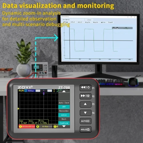 Oscilloscope portable 4-en-1 ZOYI ZT-700, bande passante 10 MHz, avec fonction d'émulateur de programmeur et enregistreur de formes d'onde