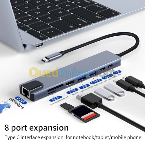 station d'accueil 8 en 1 Type:C, 4K HdTV, Tf Rj45, Charge Rapide PD pour Ordi Portable,Macbook