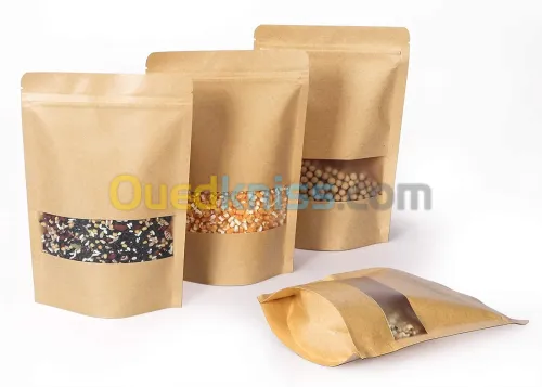 sac doypack en kraft papier avec fenêtre et fermeture zip أكياس كرافت دوي باك بنافذة 