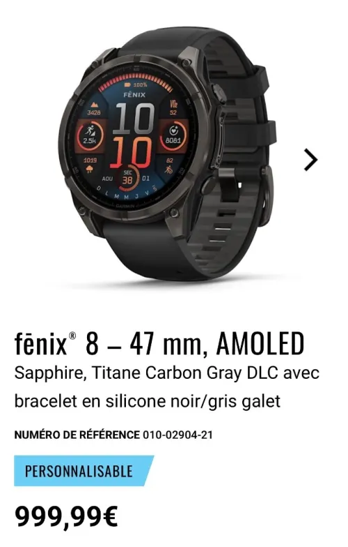 Garmin Fenix 8 47mm, AMOLED Sapphire, Titane Carbon Gray DLC