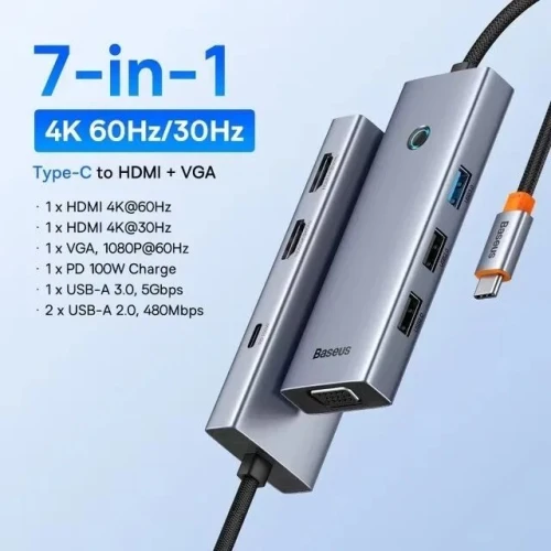 Baseus Hub USB C 7en1 Triple Monitor Station d'accueil 2*HDMI 4K/60Hz, VGA