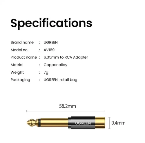 UGREEN Adaptateur RCA vers Jack TS Mono, connecteur Audio en cuivre pur plaqué or 6.5mm