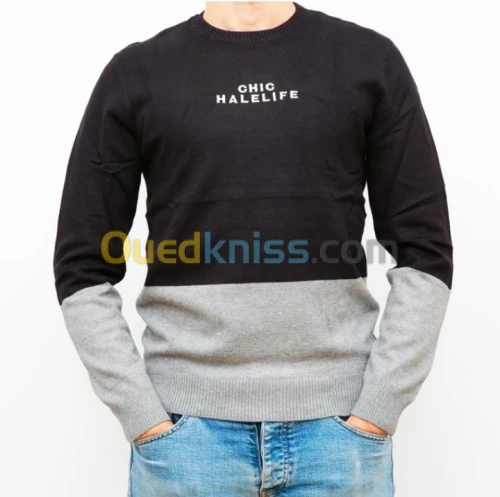 Pull Homme Sweater Bloc En File de coton Style Décontracté très Confortable-Noir