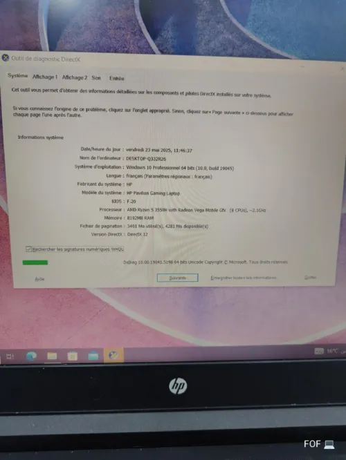  HP GAMING Processeur : Ryzen 5 3550H with  Viga8 2Gb + Gtx 1050 2 Gb