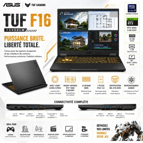 ASUS TUF F16 Intel Core Ultra 9 275HX |32 GB RAM DDR5|1 TB SSD|RX 5060 8 Go| écran 16P QHD+ 165 Hz