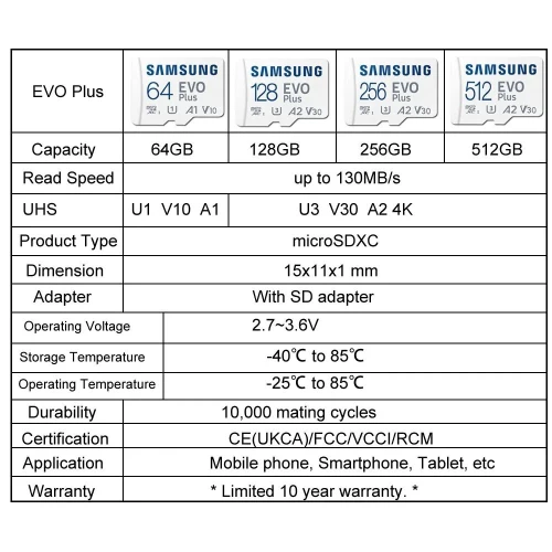 SAMSUNG EVO Plus-Carte mémoire Micro SD, 128Go, C10 TF, SDXC,U3, V30, 4K
