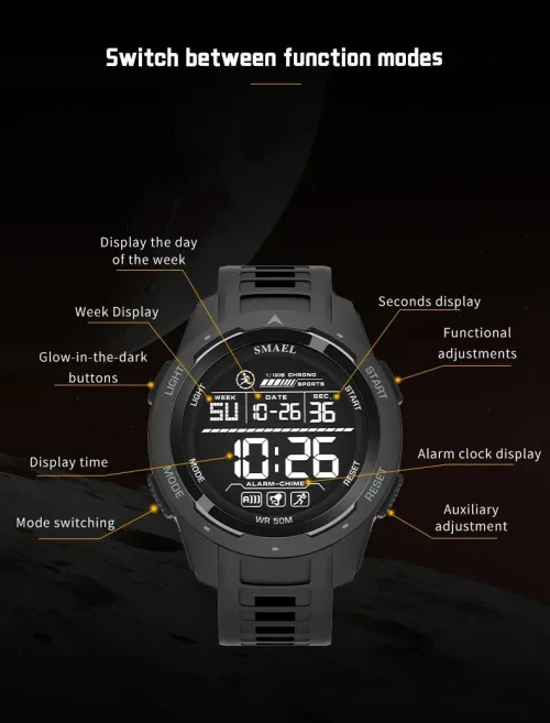 SMAEL Montre numérique étanche à LED  chronomètre lumineux, montres de sport, 50m NOIR