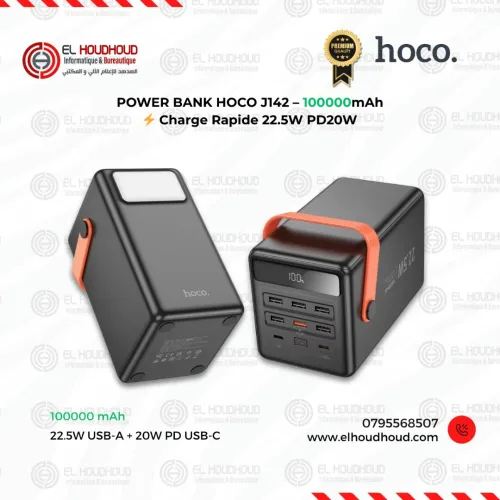 HOCO J142 Power Bank 100000mAh Originale  Charge Rapide 22.5W PD20W | 7 Sorties USB & Lampe LED intégrée