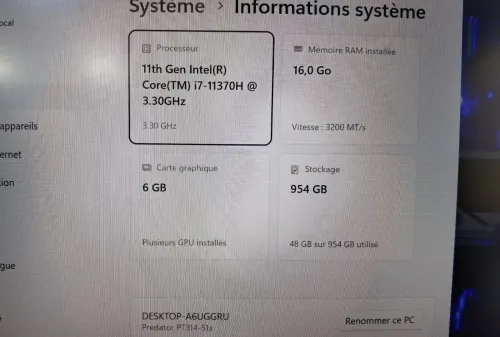 ACER PREDATOR TRITON 300SE CORE I7 11EME RTX 3060 6GB 16GB 1000GB SSD 14P 144HZ