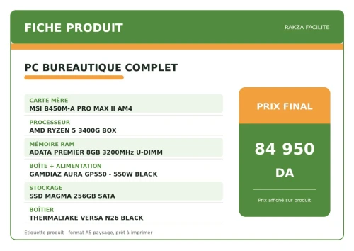 PC Bureautique Semi Gaming AMD Ryzen 5 3400G 8GB RAM 256GB SSD