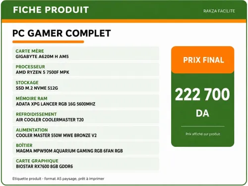 PC Gamer Complet Ryzen 5 7500F RX 7600 8GB 16GB RAM 512GB NVMe
